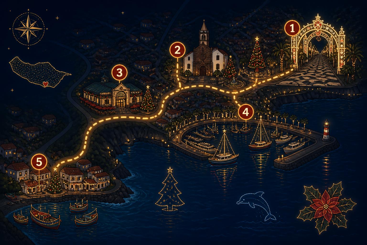 Illustrated night map of the Christmas Lights tour route from Funchal to Câmara de Lobos, showing five numbered stops with Christmas lights, Sé Cathedral, Mercado dos Lavradores, Marina and the fishing village